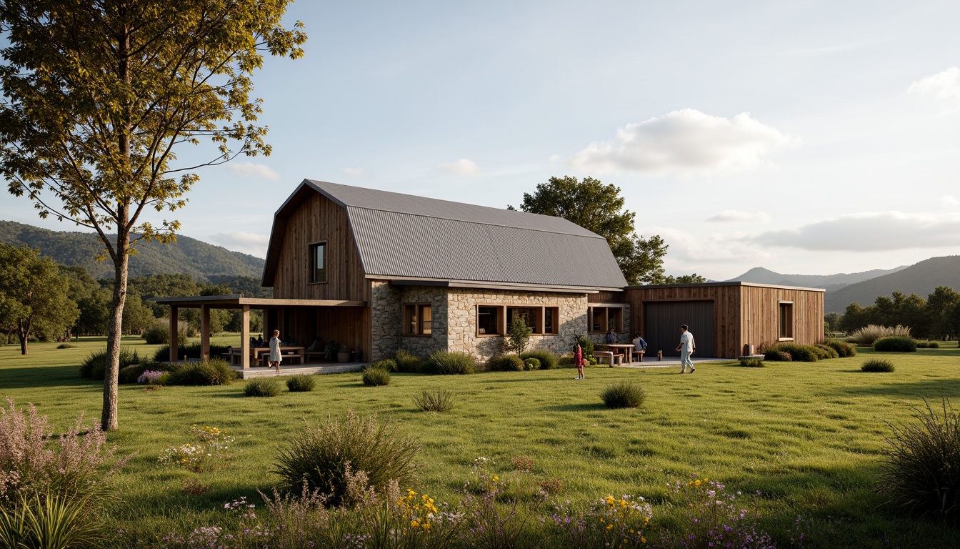 Prompt: Rustic barn, reclaimed wood, natural stone walls, corrugated metal roofs, earthy tones, rural landscape, rolling hills, green pastures, wildflowers, wooden beams, exposed brick, eco-friendly insulation, solar panels, wind turbines, rainwater harvesting systems, composting toilets, organic gardens, permaculture design, recycled materials, low-carbon footprint, passive house principles, natural ventilation, soft warm lighting, shallow depth of field, 3/4 composition, panoramic view, realistic textures, ambient occlusion.