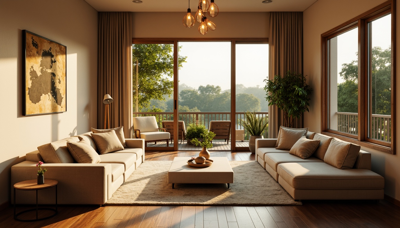 Prompt: Cozy living room, plush sofas, warm beige walls, rich wood flooring, soft golden lighting, comfortable throw pillows, modern minimalist decor, large windows, natural daylight, lush greenery views, elegant chandeliers, sophisticated color palette, calming atmosphere, shallow depth of field, 1/1 composition, realistic textures, ambient occlusion.