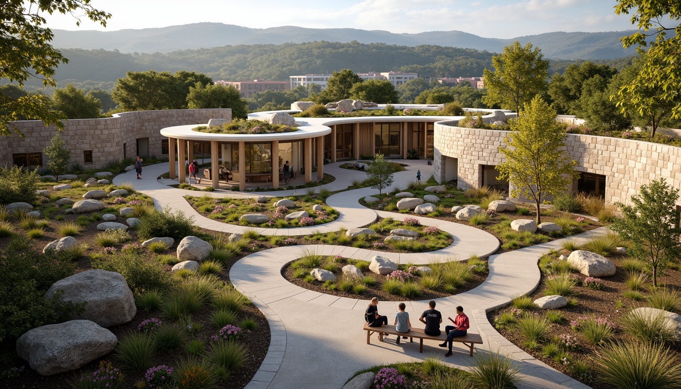 Prompt: Visitor center, harmonious landscape integration, natural stone walls, wooden accents, green roofs, native plant species, meandering walkways, scenic overlooks, educational signage, interactive exhibits, panoramic views, abundant natural light, warm earthy tones, organic architecture, curved lines, minimalist design, sustainable building materials, rainwater harvesting systems, geothermal heating, shaded outdoor spaces, misting systems, rustic wooden benches, interpretive trails, wildlife viewing areas, serene atmosphere, soft warm lighting, shallow depth of field, 3/4 composition.