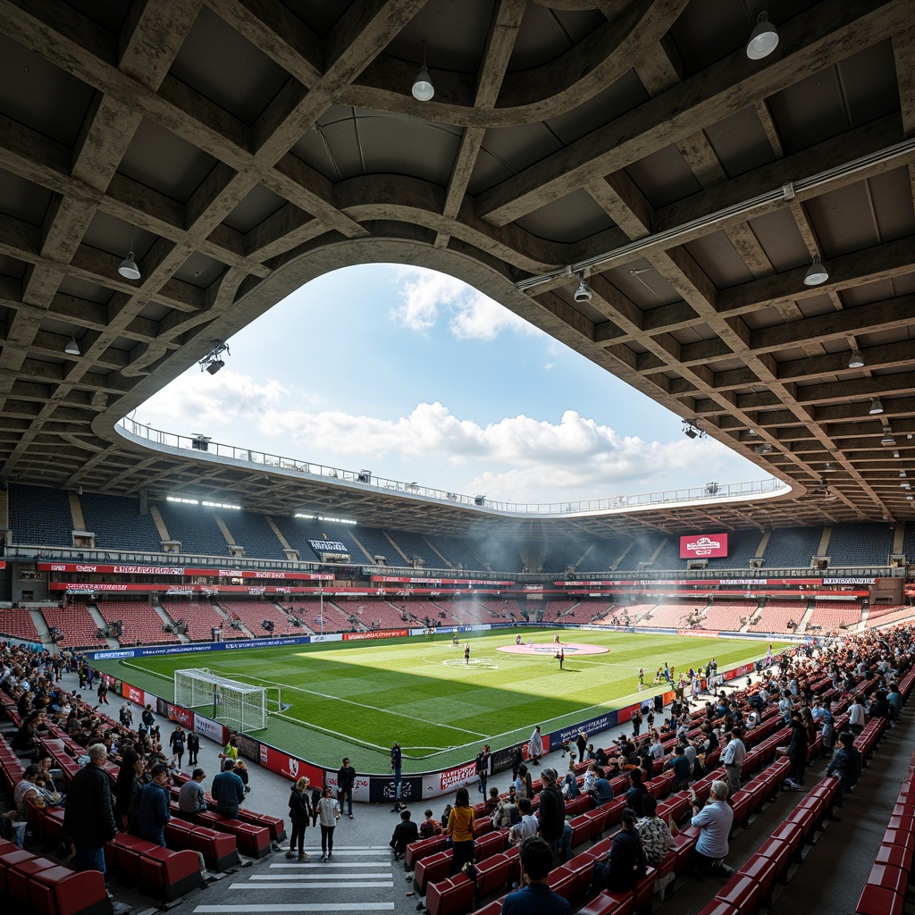 Prompt: Deconstructed soccer stadium interior, fragmented seating areas, irregularly shaped concession stands, distressed concrete walls, exposed ductwork, industrial-style lighting fixtures, reclaimed wood accents, abstract art installations, dynamic angular lines, asymmetrical compositions, bold color schemes, futuristic digital displays, immersive audio systems, atmospheric misting effects, 3/4 composition, shallow depth of field, realistic textures, ambient occlusion.