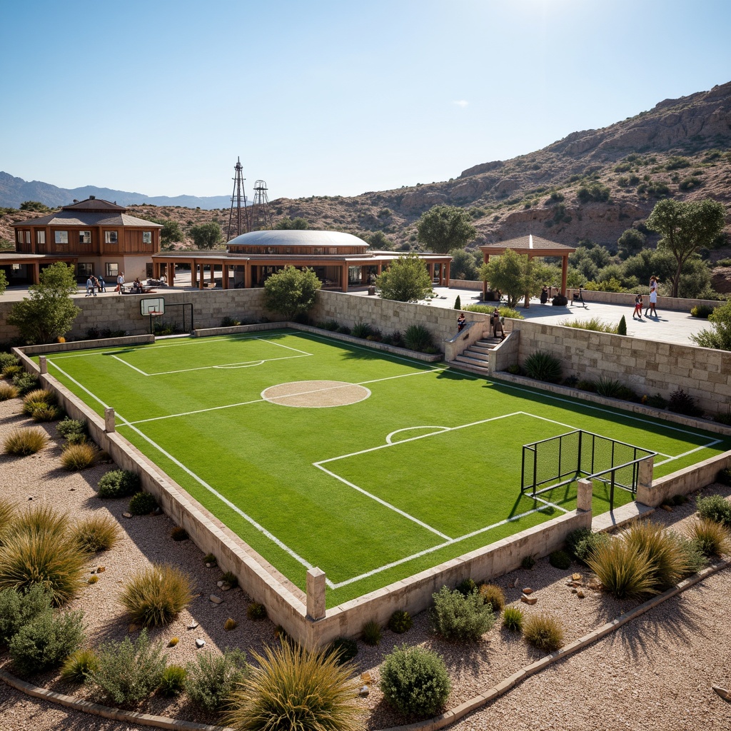 Prompt: Rustic sports field, undulating terrain, natural stone walls, weathered wood fences, vibrant green grass, athletic tracks, soccer goals, basketball hoops, tennis courts, modernist structural elements, exposed steel beams, concrete foundations, geometric shapes, minimalist landscaping, drought-resistant plants, succulent gardens, gravel pathways, sunny day, high-contrast lighting, dramatic shadows, 1/2 composition, wide-angle lens, realistic textures, ambient occlusion.