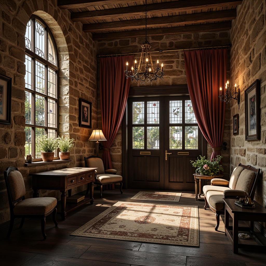 Prompt: Rustic stone walls, worn wooden doors, ornate ironwork, stained glass windows, grand chandeliers, velvet drapes, intricate carvings, soft candlelight, warm earthy tones, natural textures, distressed finishes, vintage furniture, antique decorations, mysterious ambiance, dramatic lighting, 1/1 composition, shallow depth of field, warm color palette, nostalgic atmosphere.