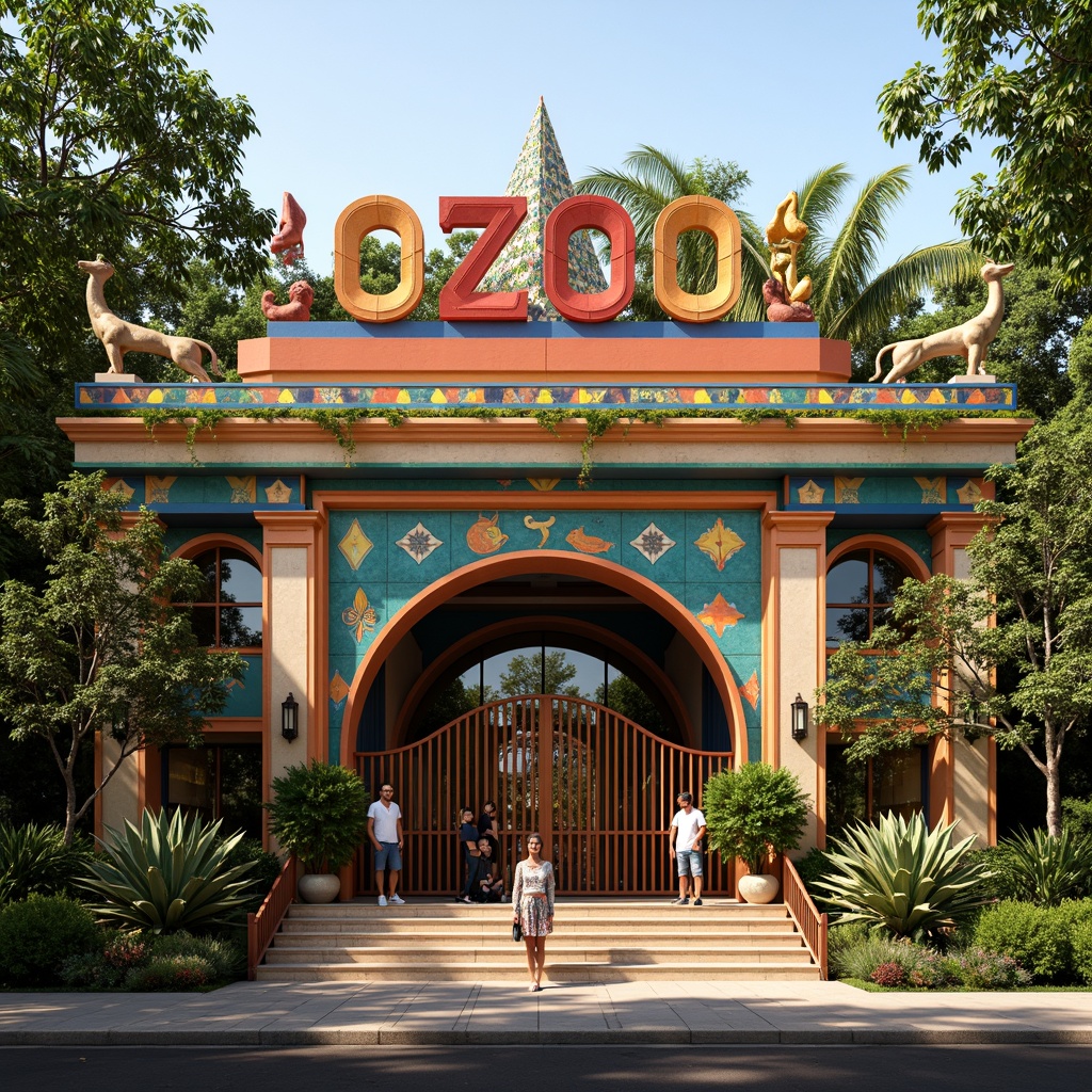 Prompt: Vibrant zoo entrance, ornate Art Deco facade, geometric patterns, metallic accents, bold typography, exotic animal sculptures, lush greenery, tropical plants, colorful tile work, intricate mosaics, grand archways, ornamental gates, majestic stone columns, warm golden lighting, shallow depth of field, 1/1 composition, symmetrical view, realistic textures, ambient occlusion.