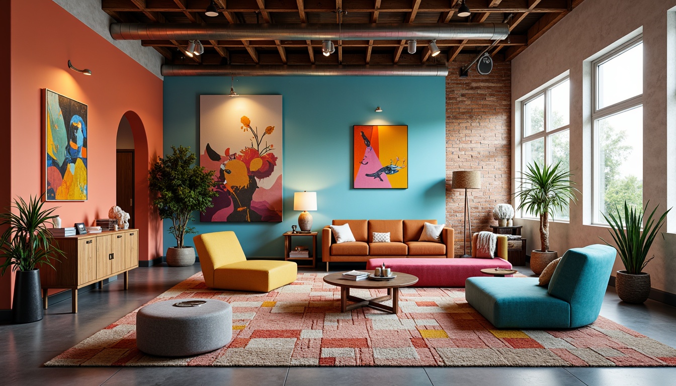 Prompt: Vibrant artistic studio, eclectic furniture, bold color blocking, pastel hues, neon accents, metallic finishes, abstract artwork, geometric patterns, textured rugs, industrial lighting, reclaimed wood accents, modern architecture, floor-to-ceiling windows, natural light pouring in, warm atmospheric glow, shallow depth of field, 1/1 composition, realistic textures, ambient occlusion.