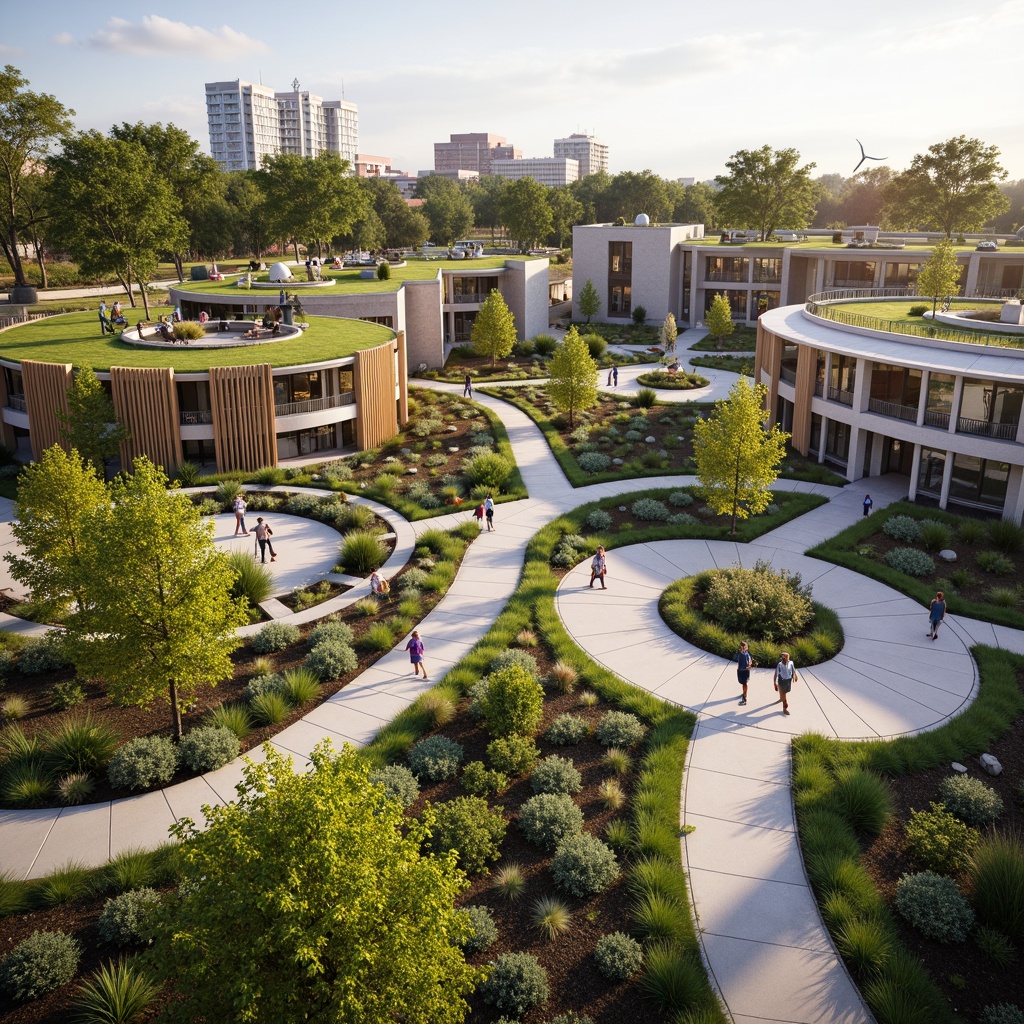 Prompt: Vibrant community center, lush green roofs, native plant species, meandering walking trails, outdoor amphitheater, public art installations, natural stone walls, wooden accents, large windows, clerestory lighting, open floor plans, flexible gathering spaces, educational signage, interactive exhibits, children's play areas, accessible ramps, sustainable building materials, rainwater harvesting systems, solar panels, wind turbines, eco-friendly furniture, colorful textiles, geometric patterns, warm afternoon light, shallow depth of field, 3/4 composition, panoramic view.