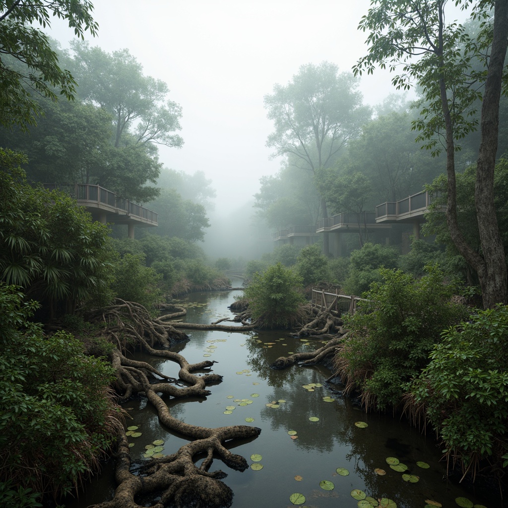 Prompt: Misty wetlands, lush vegetation, twisted mangrove roots, murky waters, wooden boardwalks, observation decks, bird-watching platforms, native aquatic plants, water lilies, cattails, rushes, sedges, natural stone pathways, meandering streams, serene atmosphere, soft diffused lighting, shallow depth of field, 1/1 composition, realistic textures, ambient occlusion.