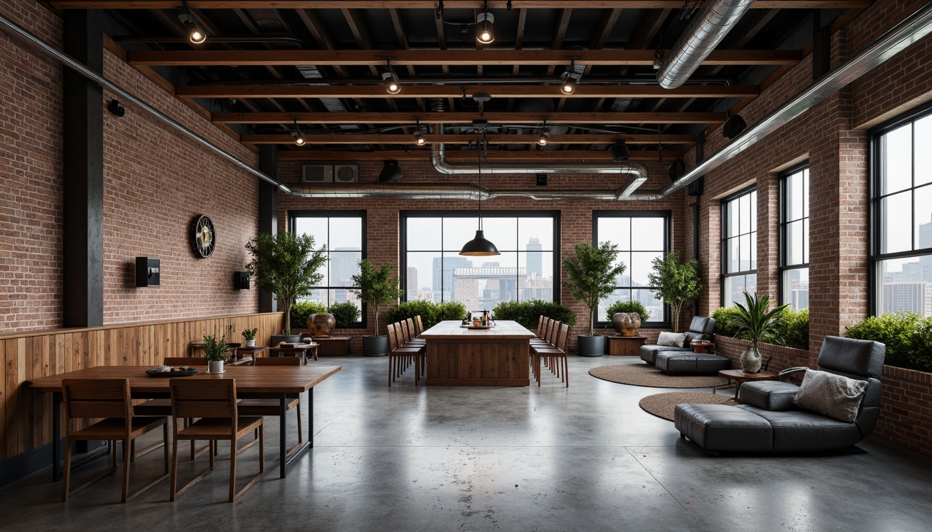 Prompt: Exposed brick walls, metal beams, reclaimed wood accents, industrial-style lighting fixtures, concrete floors, urban cityscape views, converted warehouse spaces, modern minimalist decor, functional pipes and ductwork, distressed finishes, edgy architectural lines, moody atmospheric lighting, shallow depth of field, 2/3 composition, gritty realistic textures, ambient occlusion.