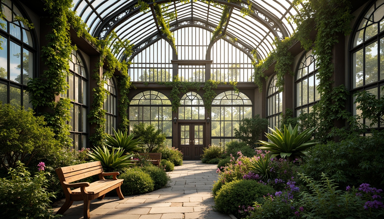 Prompt: Intricate Art Nouveau greenhouse, lush greenery, exotic plants, ornate metal framework, stained glass windows, vibrant floral patterns, soft natural lighting, warm sunny day, gentle misting system, delicate tendrils, curved lines, organic shapes, elegant wooden benches, rustic stone pathways, serene ambiance, shallow depth of field, 1/1 composition, realistic textures, ambient occlusion.