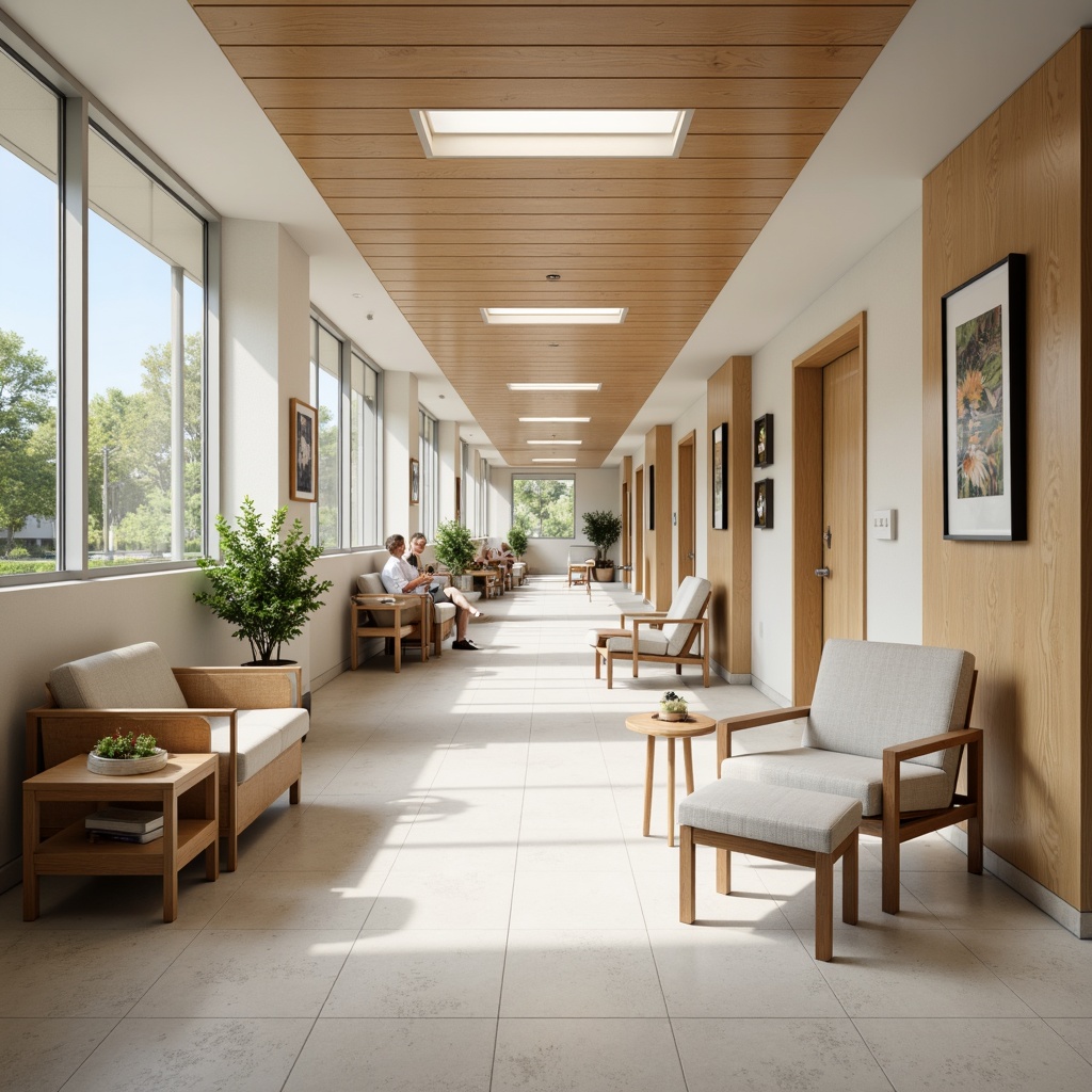 Prompt: Soothing hospital corridors, calming color schemes, natural wood accents, comfortable waiting areas, ergonomic seating, gentle lighting, acoustic panels, minimalist decor, functional nurse stations, private patient rooms, large windows, abundant natural light, soft flooring, warm textures, peaceful artwork, serene atmosphere, shallow depth of field, 1/1 composition, realistic renderings, ambient occlusion.