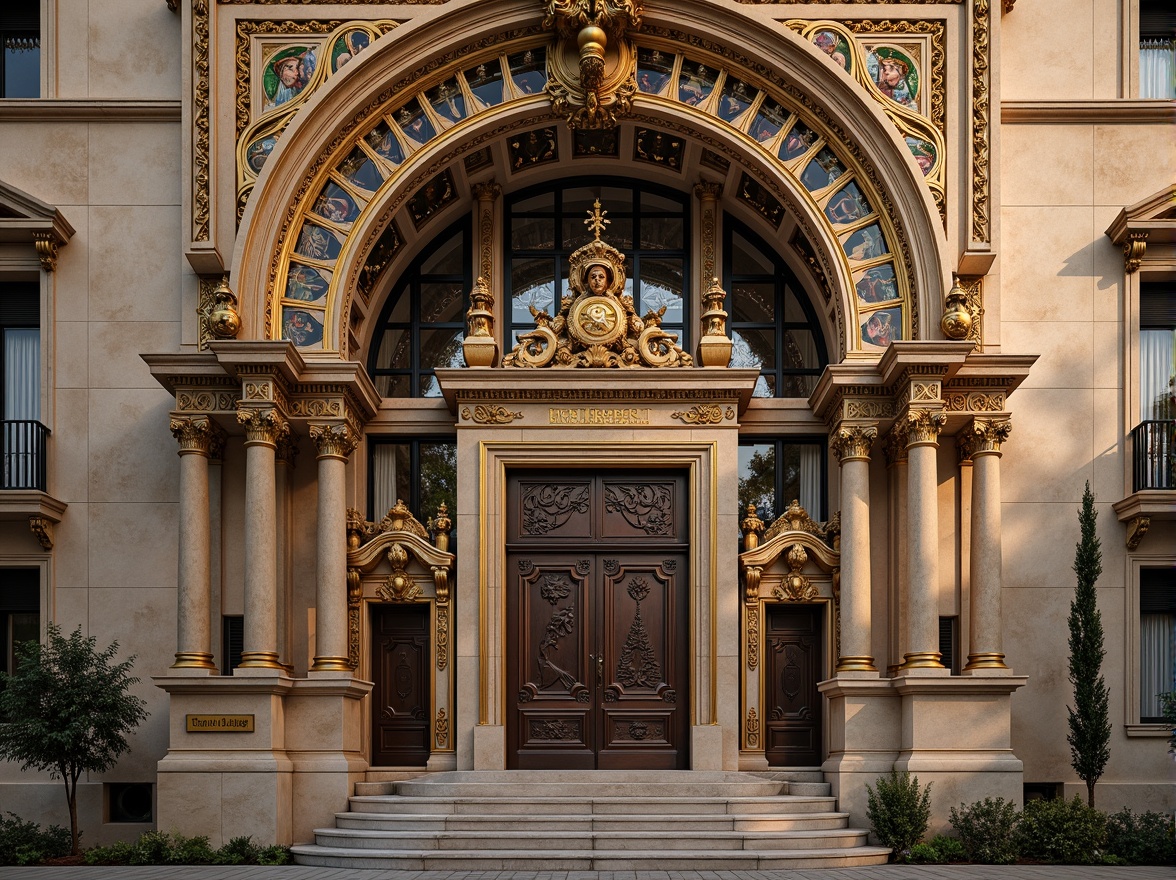 Prompt: Ornate church facade, intricately carved stone walls, gilded details, ornamental columns, grand entranceways, rusticated quoins, weathered limestone, aged bronze doors, stained glass windows, vibrant frescoes, decorative pediments, sculpted saints, lavish ornamentation, warm golden lighting, dramatic shadows, high contrast ratio, 1/2 composition, symmetrical framing, realistic normal maps.