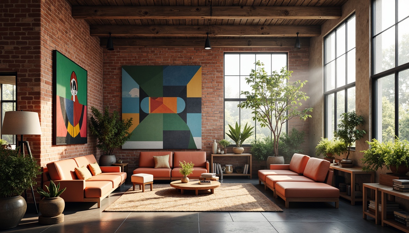 Prompt: Vibrant art studio, eclectic furniture, abstract artwork, bold color blocking, contrasting textures, modern industrial architecture, exposed brick walls, polished concrete floors, reclaimed wood accents, natural light pouring in, soft warm glow, atmospheric mist, shallow depth of field, 1/1 composition, realistic renderings, ambient occlusion.