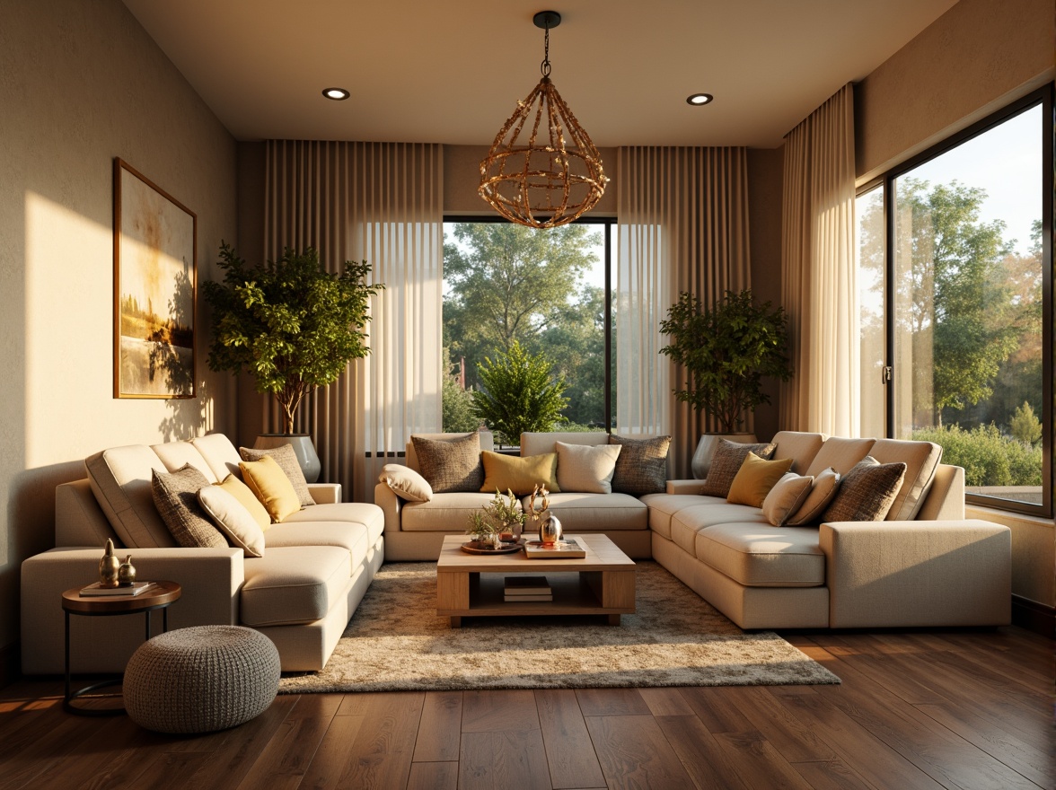 Prompt: Cozy living room, plush sofas, warm beige walls, rich wood flooring, soft golden lighting, comfortable throw pillows, modern minimalist decor, large windows, natural daylight, lush greenery views, elegant chandeliers, sophisticated color palette, calming atmosphere, shallow depth of field, 1/1 composition, realistic textures, ambient occlusion.