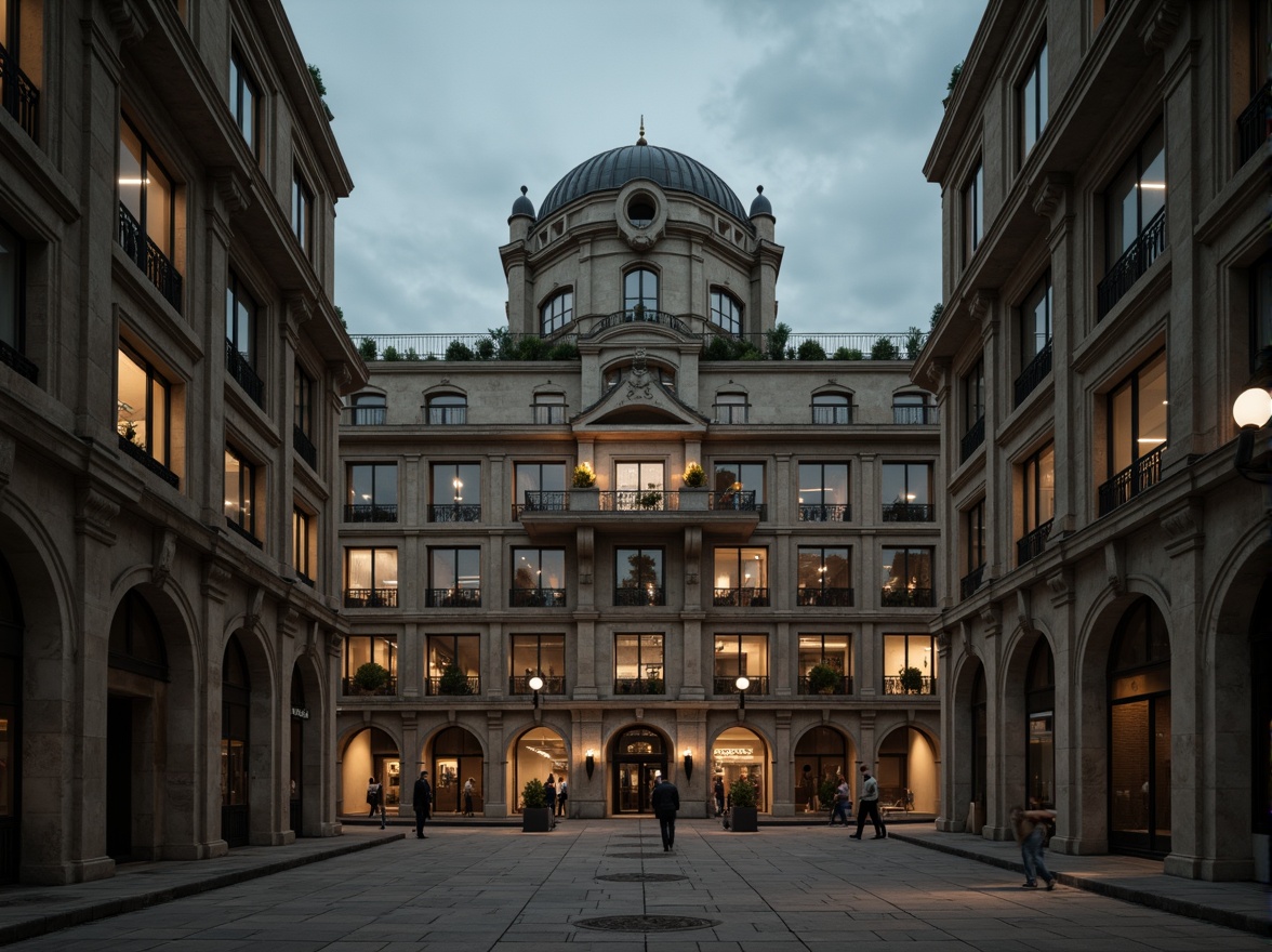 Prompt: Monumental buildings, imposing structures, robust columns, sturdy arches, grand entrances, ornate facades, symmetrical compositions, classical proportions, harmonious massing, balanced forms, natural stone materials, rough-hewn textures, earthy color palette, dramatic lighting effects, deep shadows, atmospheric perspective, 1/2 composition, low-angle view, cinematic mood.