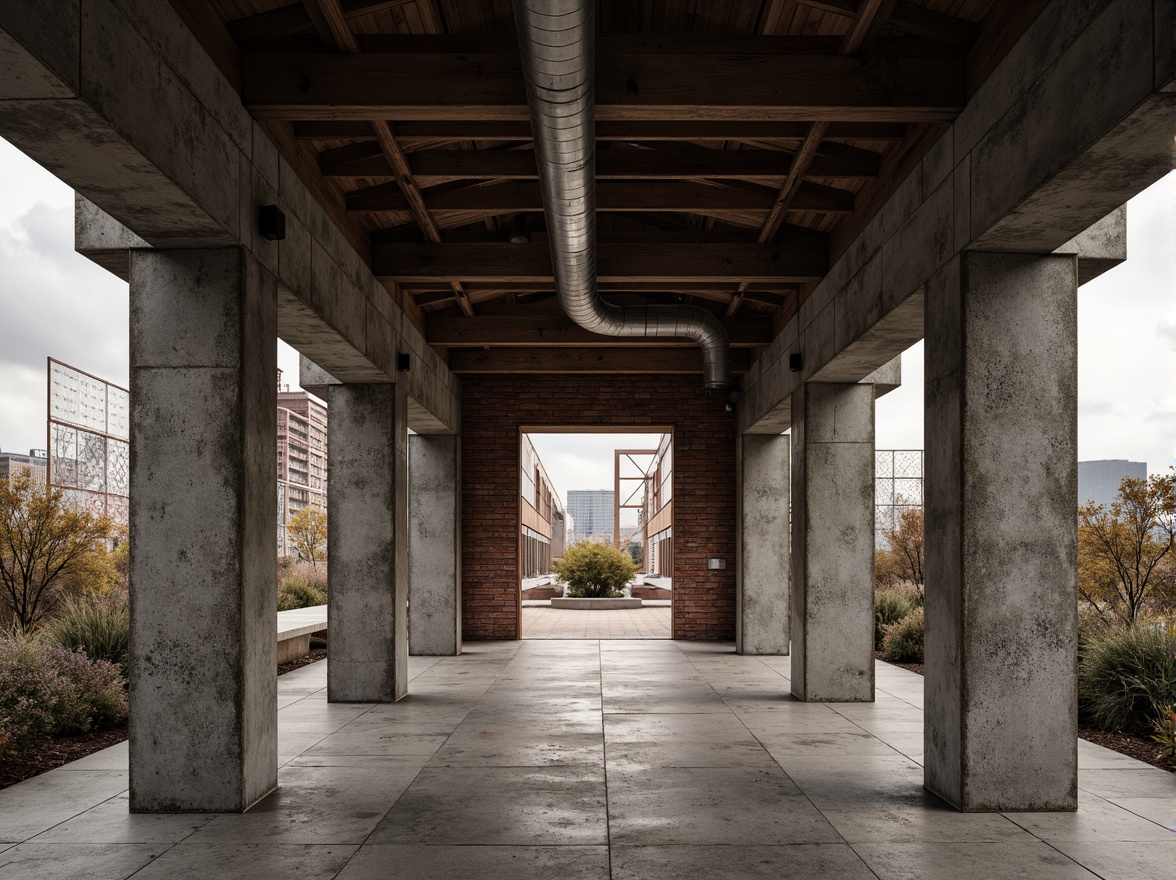 Prompt: Rugged pavilion, brutalist architecture, rough-hewn concrete walls, weathered stone floors, exposed ductwork, industrial metal beams, raw wooden accents, tactile brick textures, geometric patterned screens, dramatic natural light, harsh shadows, bold structural forms, monumental scale, urban landscape, overcast sky, diffused warm lighting, high contrast ratio, 1/2 composition, symmetrical framing, realistic material rendering.