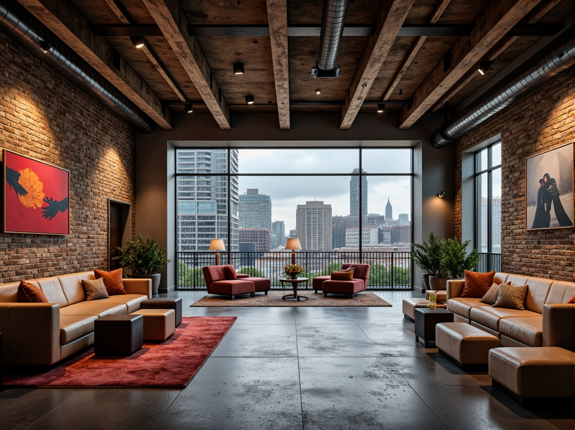 Prompt: Rustic metal beams, distressed wood planks, rough-hewn stone walls, industrial concrete floors, exposed ductwork, minimalist lighting fixtures, geometric-shaped furniture, bold color accents, abstract artwork, urban cityscape views, overcast skies, dramatic shadows, high-contrast lighting, 1/1 composition, symmetrical framing, gritty textures, ambient occlusion.