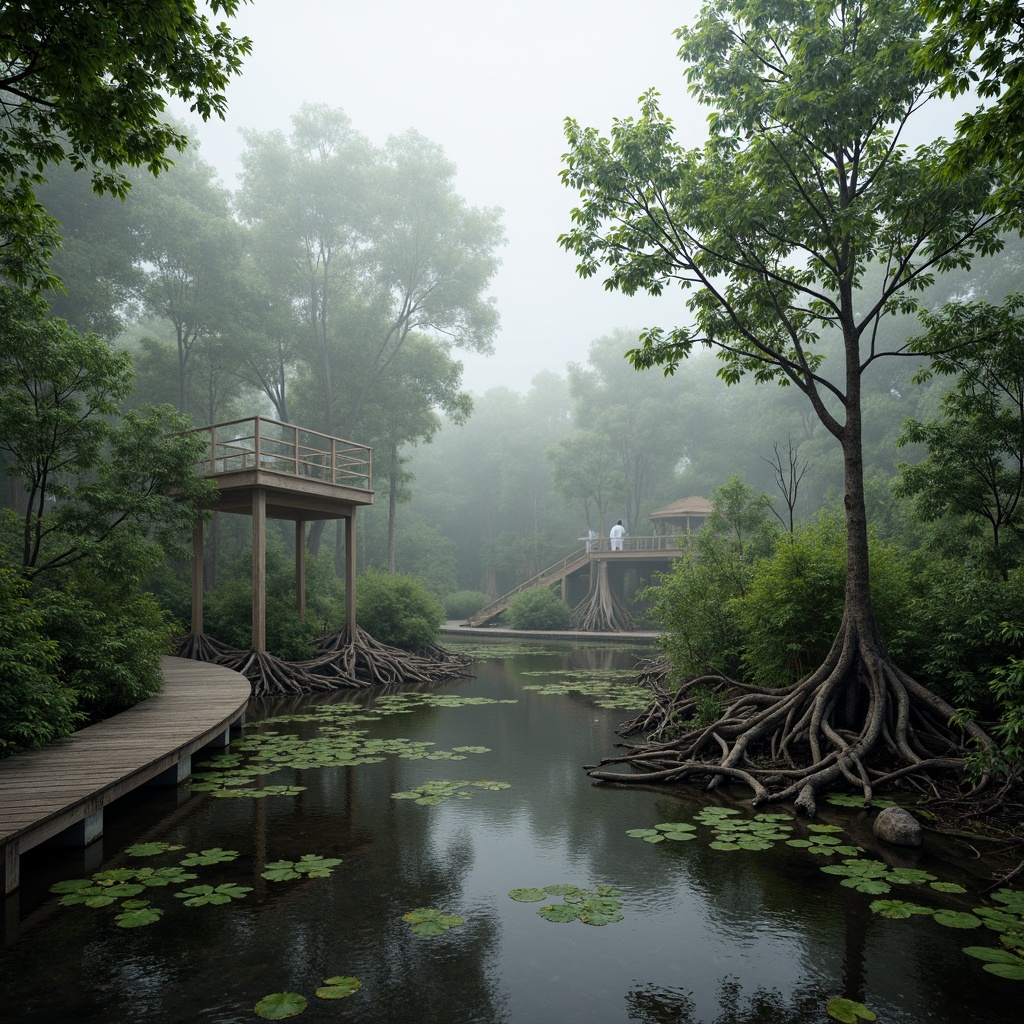 Prompt: Misty wetlands, lush vegetation, twisted mangrove roots, murky waters, wooden boardwalks, observation decks, bird-watching platforms, native aquatic plants, water lilies, cattails, rushes, sedges, natural stone pathways, meandering streams, serene atmosphere, soft diffused lighting, shallow depth of field, 1/1 composition, realistic textures, ambient occlusion.