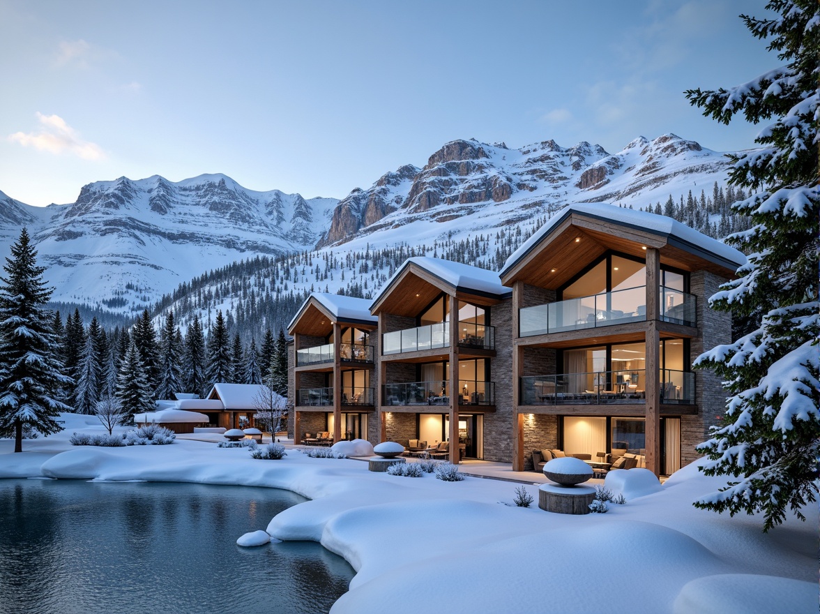 Prompt: Snow-capped mountains, frosty air, wooden ski lodges, rustic stone walls, earthy tones, natural textures, warm cozy interiors, large windows, panoramic views, snowflake patterns, icy blue hues, frozen lakes, pine trees, snowy landscapes, modern architecture, sustainable materials, eco-friendly designs, energy-efficient systems, solar panels, wind turbines, green roofs, recycled wood, low-maintenance finishes, durable surfaces, weather-resistant coatings, rustic metal accents, wooden beams, stone fireplaces, warm lighting, shallow depth of field, 3/4 composition.