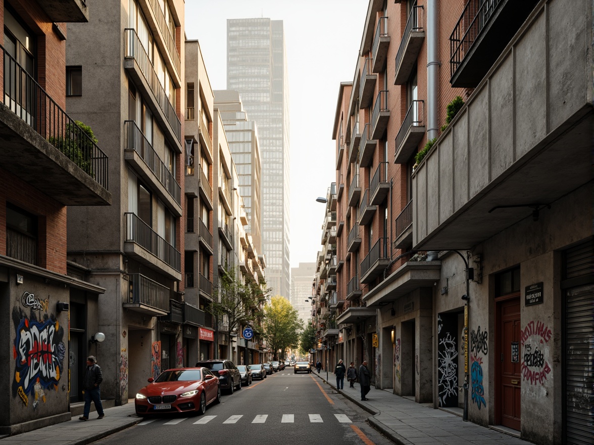 Prompt: Rustic urban landscape, weathered concrete walls, rough stone facades, metallic accents, glass skyscrapers, modern cityscape, busy streets, vibrant street art, graffiti murals, industrial pipes, exposed brick buildings, distressed wood textures, corrugated metal cladding, urban decay, atmospheric fog, warm golden lighting, shallow depth of field, 1/2 composition, realistic reflections, ambient occlusion.