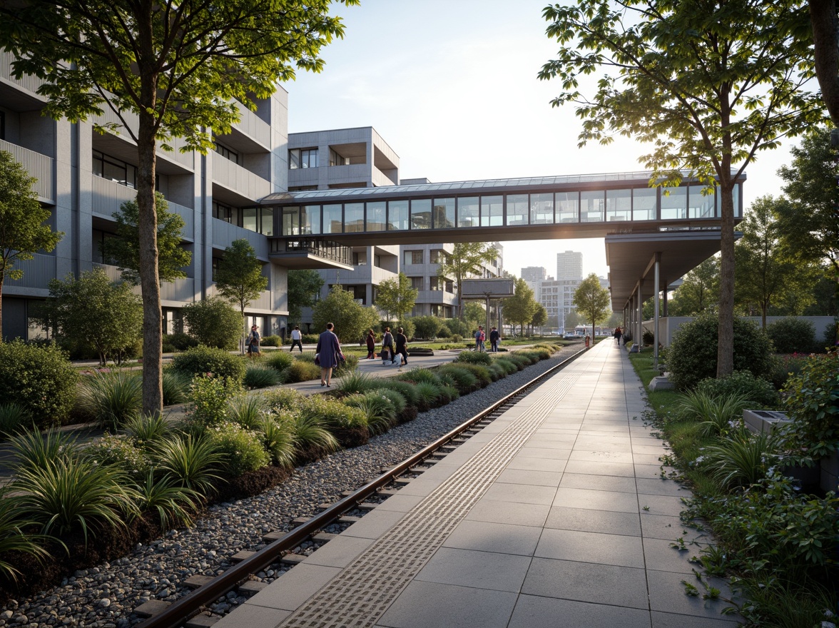 Prompt: Modern train station, sleek glass roofs, rainwater harvesting systems, green walls, lush vegetation, natural stone flooring, stainless steel handrails, LED lighting, energy-efficient systems, water conservation measures, grey water reuse, flood-resistant design, elevated platforms, cantilevered canopies, transparent glass fa\u00e7ades, urban landscape views, bustling city atmosphere, soft warm lighting, shallow depth of field, 3/4 composition, panoramic view, realistic textures, ambient occlusion.