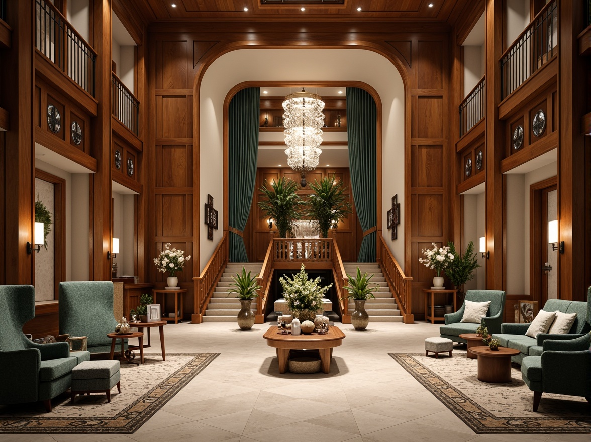 Prompt: Luxurious hotel lobby, rich wood tones, ornate furnishings, velvet drapes, golden accents, crystal chandeliers, marble floors, soft warm lighting, elegant archways, grand staircases, neoclassical columns, subtle patterned rugs, muted earthy colors, creamy whites, deep blues, emerald greens, warm beige, sophisticated ambiance, refined details, ornamental moldings, lavish textiles, intricate carvings.