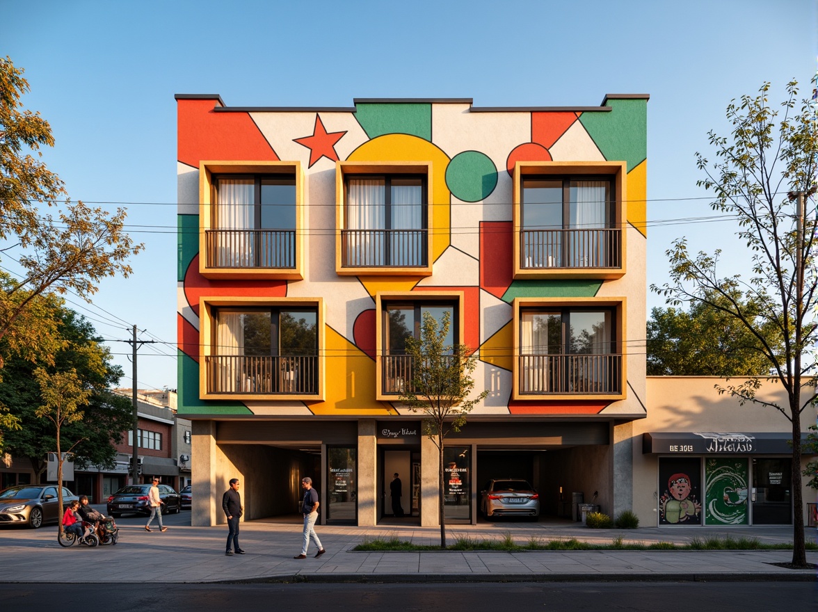 Prompt: Vibrant community center, expressionist facade design, bold geometric shapes, bright primary colors, irregular forms, abstract patterns, dynamic textures, rough concrete walls, angular metal frames, oversized windows, asymmetrical composition, dramatic shadows, warm golden lighting, shallow depth of field, 1/1 composition, realistic materials, ambient occlusion, urban cityscape, bustling streets, pedestrian traffic, street art murals, eclectic neighborhood vibe.