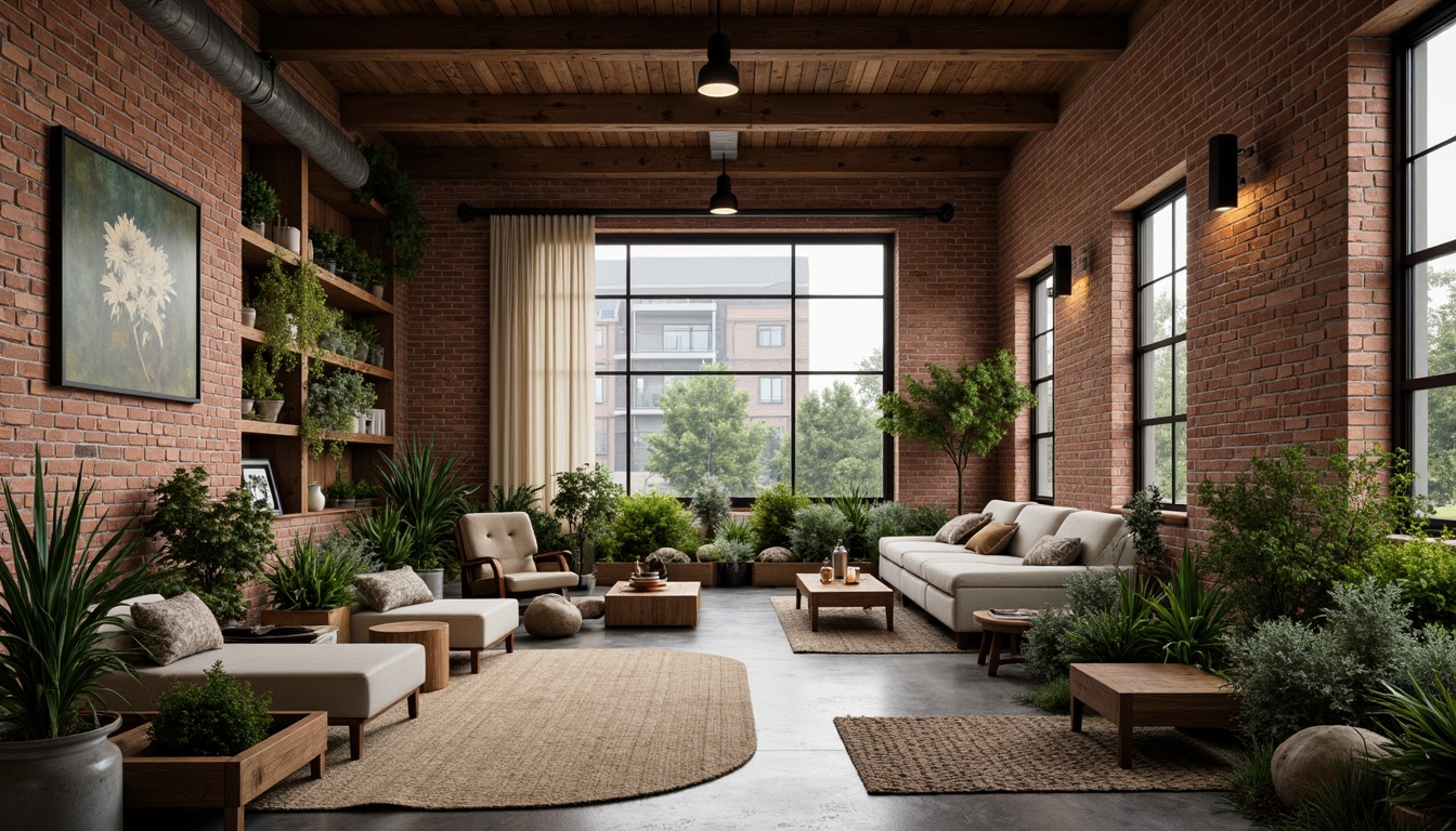 Prompt: Exposed brick walls, reclaimed wood accents, industrial metal beams, vintage decorative items, lush greenery, natural textiles, earthy color palette, soft warm lighting, cozy intimate spaces, minimalist decor, eco-friendly materials, rainwater harvesting systems, solar panels, green roofs, living walls, urban garden views, misty morning atmosphere, shallow depth of field, 1/1 composition, realistic textures, ambient occlusion.