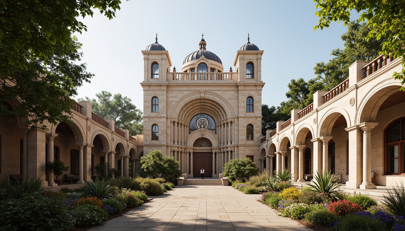 Prompt: Grandiose church facade, ornate stone carvings, symmetrical architecture, majestic dome, intricate stained glass windows, elegant arches, Corinthian columns, ornamental balustrades, serene courtyard, lush greenery, vibrant flowers, natural stone walkways, historic landmark, cultural heritage site, warm sunny day, soft warm lighting, shallow depth of field, 3/4 composition, panoramic view, realistic textures, ambient occlusion.