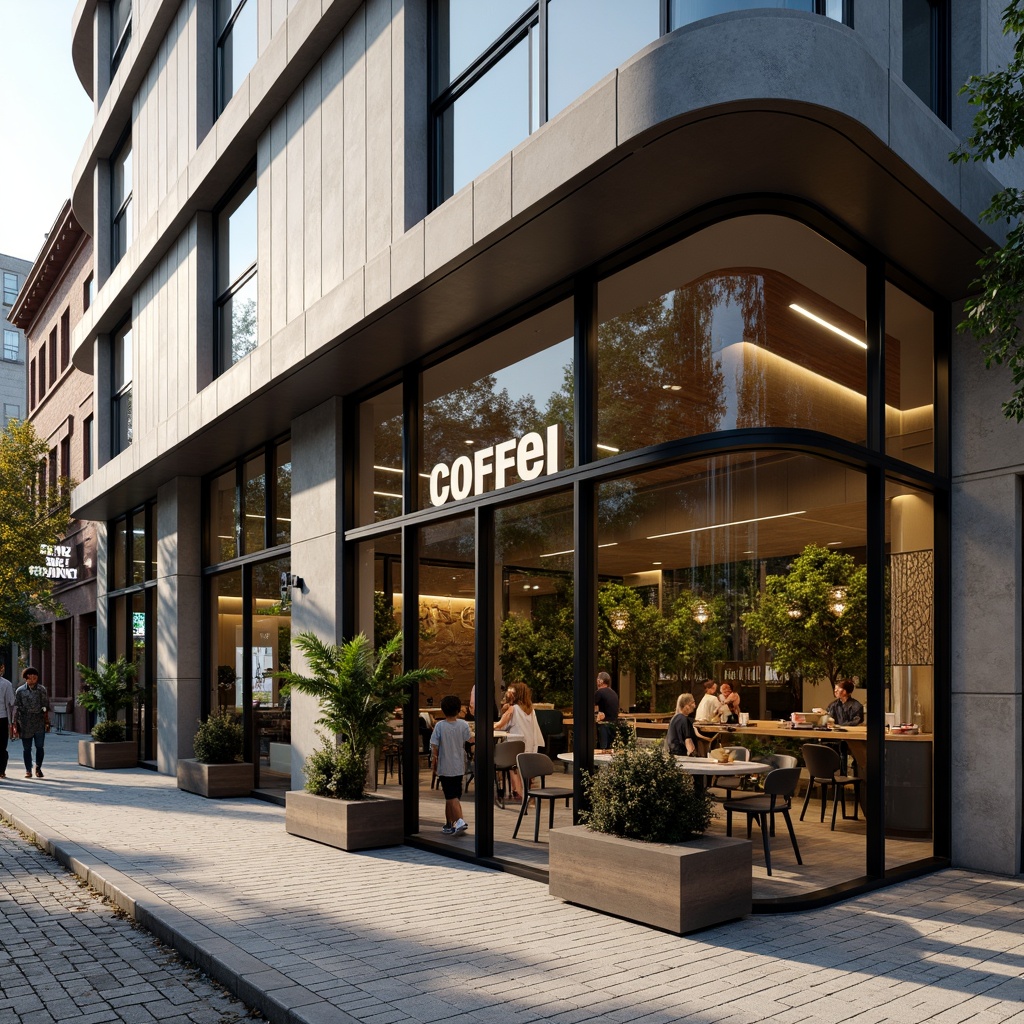 Prompt: Sleek modern coffee shop facade, curved lines, minimalist design, large glass windows, metal frames, industrial chic aesthetic, urban cityscape, busy street scene, morning sunlight, soft warm lighting, shallow depth of field, 3/4 composition, panoramic view, realistic textures, ambient occlusion, wooden accents, natural stone walls, greenery installations, modern signage, bold typography, vibrant color scheme, geometric patterns, metallic finishes, LED lighting, cozy outdoor seating area.