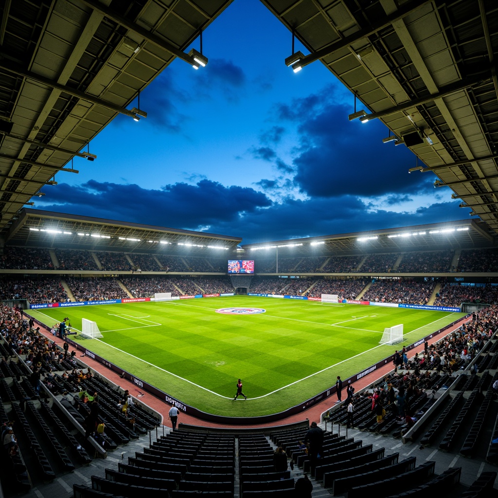 Prompt: Floodlit soccer stadium, evening atmosphere, vibrant green grass, sleek modern architecture, angular lines, cantilevered roofs, grandstand seating, player tunnels, goalposts, referee areas, LED scoreboard displays, dynamic lighting effects, high-intensity floodlights, warm color temperatures, 1/2 composition, low-angle shots, dramatic shadows, realistic textures, ambient occlusion.