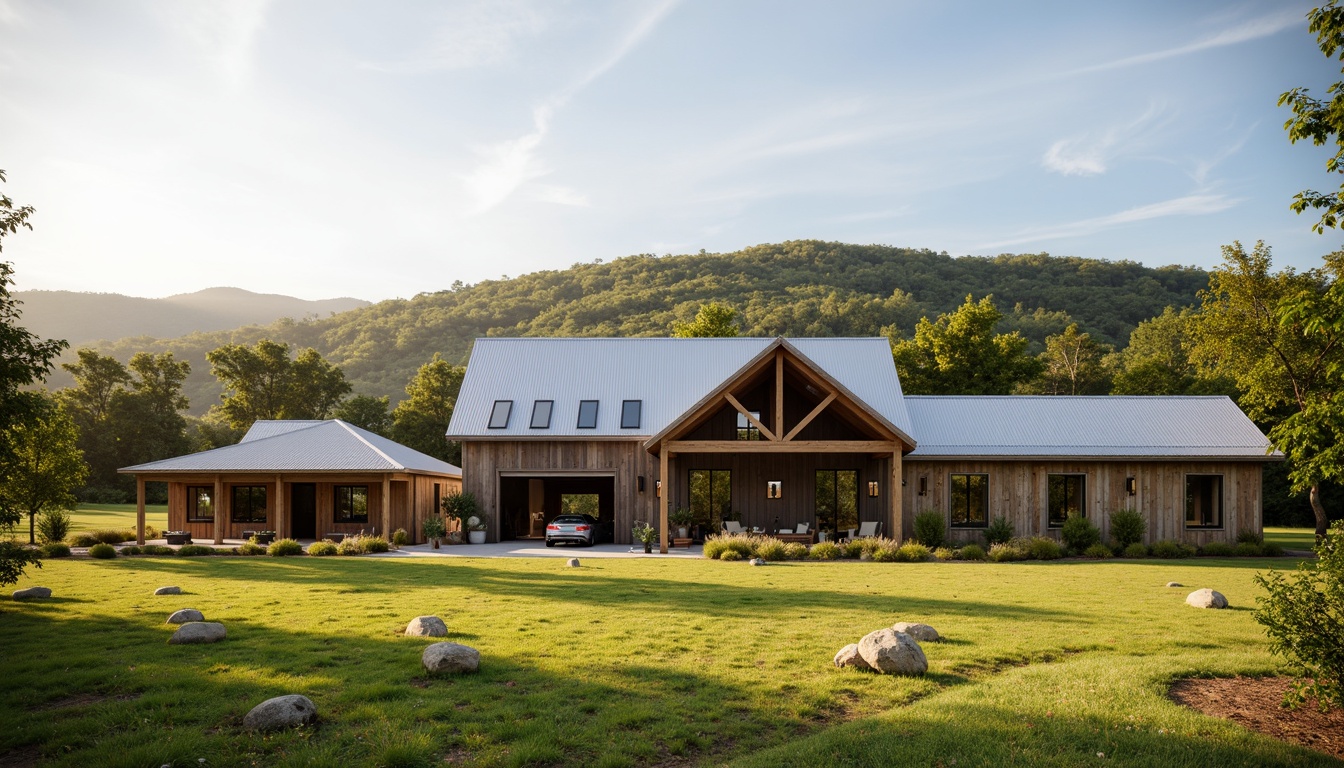 Prompt: Rustic barn, corrugated metal roofing, weathered wood accents, modern farmhouse style, asymmetrical rooflines, clerestory windows, natural light pouring in, reclaimed wood beams, earthy color palette, rural landscape, rolling hills, green pastures, sunny day, soft warm lighting, shallow depth of field, 3/4 composition, panoramic view, realistic textures, ambient occlusion.