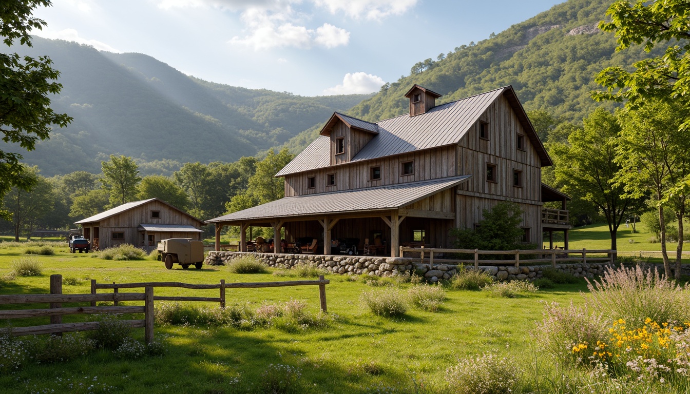 Prompt: Rustic barn, natural surroundings, rolling hills, lush green meadows, wildflowers, wooden fences, stone walls, earthy tones, weathered wood, corrugated metal roofs, sliding barn doors, hayloft windows, vintage farm equipment, rural landscape, serene atmosphere, warm sunlight, soft shadows, 1/1 composition, symmetrical framing, realistic textures, ambient occlusion.