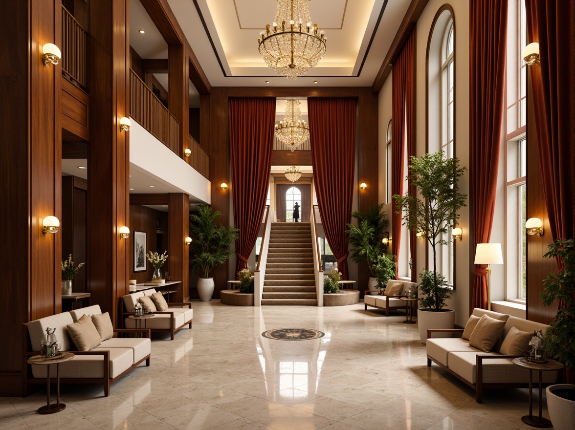 Prompt: Luxurious hotel lobby, rich wood tones, ornate furnishings, velvet drapes, golden accents, crystal chandeliers, marble floors, soft warm lighting, elegant archways, grand staircases, refined classicism style, muted earthy colors, beige walls, cream ceilings, dark wood paneling, subtle patterned carpets, sophisticated ambiance, warm inviting atmosphere, 1/1 composition, shallow depth of field, realistic textures.