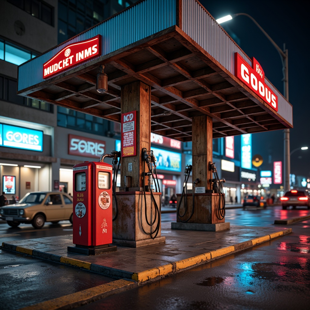 Prompt: Rustic gas pumps, industrial metal canopies, concrete foundations, weathered steel beams, corrugated metal cladding, bold color schemes, neon signage, urban cityscape, busy streets, vibrant night lighting, shallow depth of field, 1/1 composition, realistic textures, ambient occlusion.