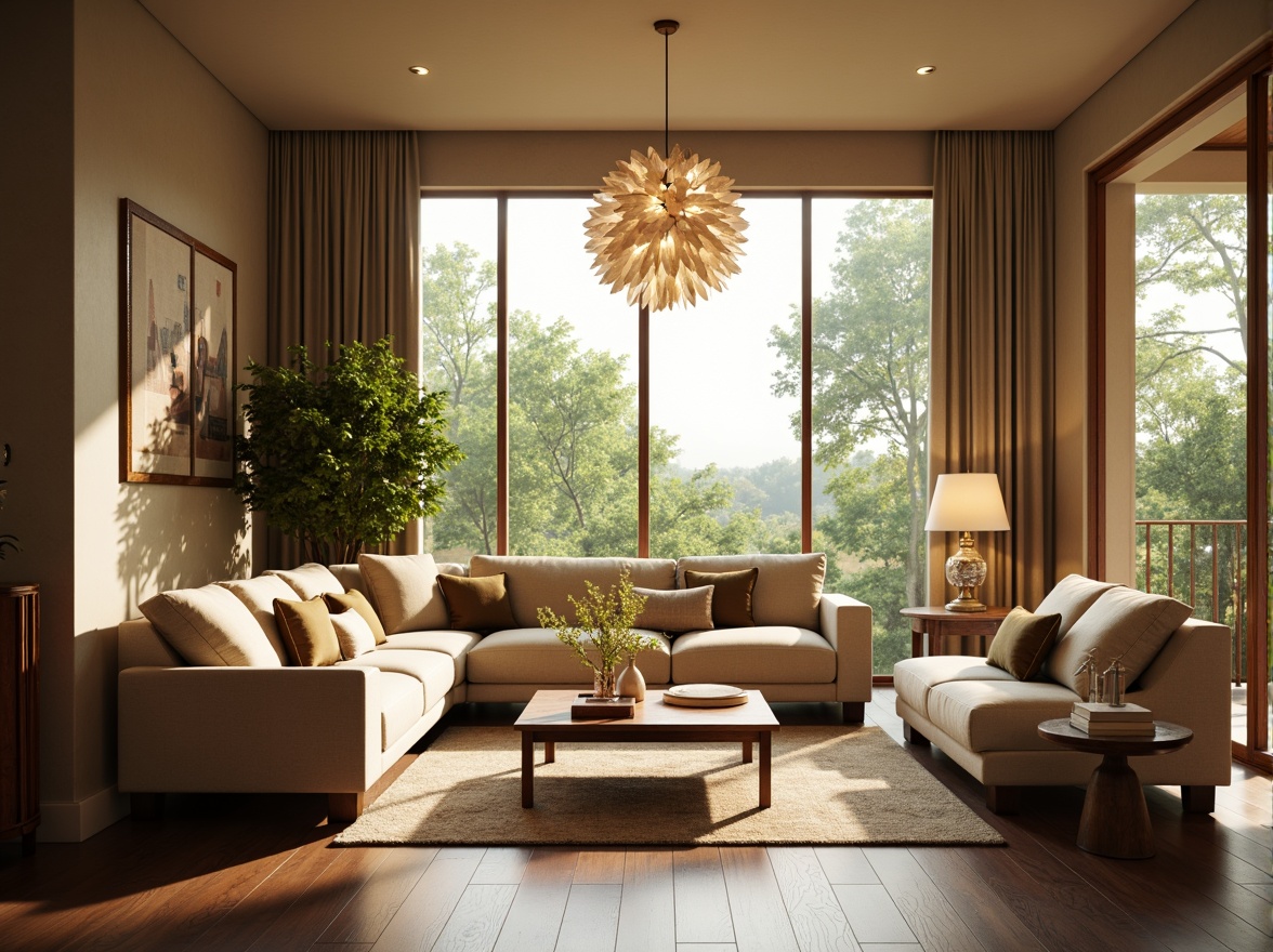 Prompt: Cozy living room, plush sofas, warm beige walls, rich wood flooring, soft golden lighting, comfortable throw pillows, modern minimalist decor, large windows, natural daylight, lush greenery views, elegant chandeliers, sophisticated color palette, calming atmosphere, shallow depth of field, 1/1 composition, realistic textures, ambient occlusion.