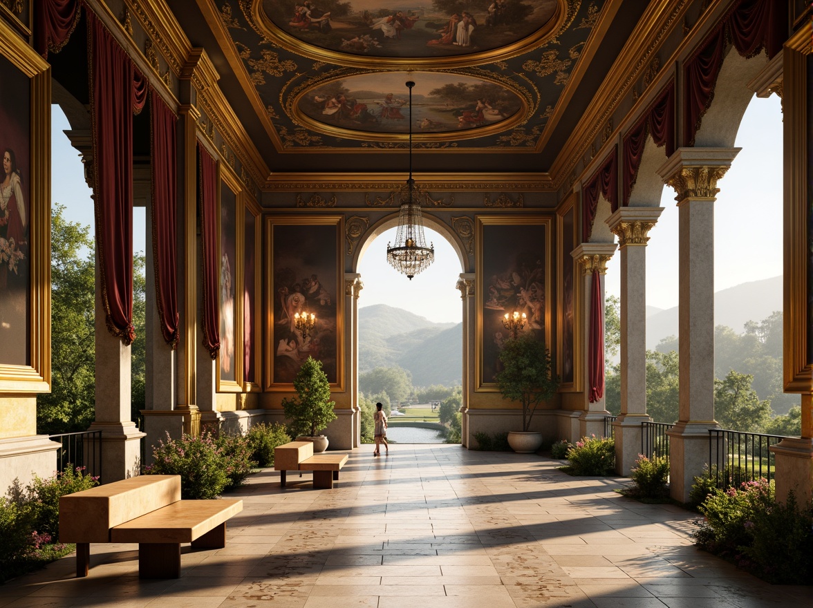 Prompt: Grand Renaissance-style gallery, ornate golden frames, lavish velvet drapes, marble floors, crystal chandeliers, majestic stone columns, intricate fresco ceilings, soft warm lighting, shallow depth of field, 3/4 composition, panoramic view, realistic textures, ambient occlusion, serene natural landscape, rolling hills, lush greenery, vibrant flowers, tranquil lake, misty morning, warm sunlight, gentle breeze, rustic wooden benches, meandering stone pathways.