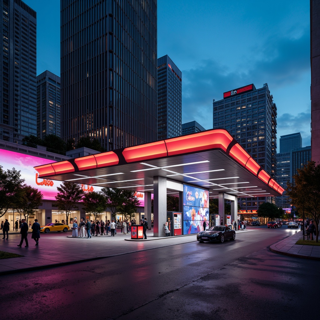 Prompt: Futuristic gas station, constructivist architecture, geometric shapes, bold colors, metallic materials, angular lines, minimalist design, urban landscape, cityscape, busy streets, neon lights, vibrant signage, modern fuel pumps, sleek canopies, cantilevered roofs, industrial textures, dramatic lighting, high contrast shadows, 1/1 composition, low angle shot, realistic reflections, ambient occlusion.