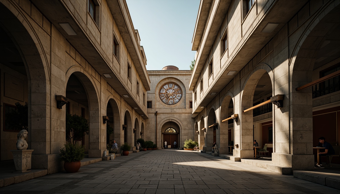 Prompt: Monumental buildings, imposing structures, robust columns, sturdy arches, grand entrances, ornate facades, symmetrical compositions, classical proportions, harmonious massing, balanced forms, natural stone materials, rough-hewn textures, earthy color palette, dramatic lighting effects, deep shadows, atmospheric perspective, 1/2 composition, low-angle view, cinematic mood.