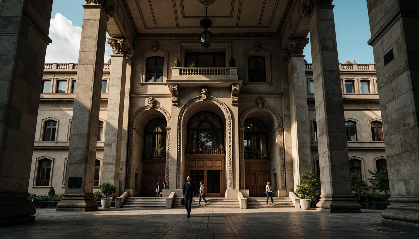 Prompt: Monumental buildings, imposing structures, robust columns, sturdy arches, grand entrances, ornate facades, symmetrical compositions, classical proportions, harmonious massing, balanced forms, natural stone materials, rough-hewn textures, earthy color palette, dramatic lighting effects, deep shadows, atmospheric perspective, 1/2 composition, low-angle view, cinematic mood.