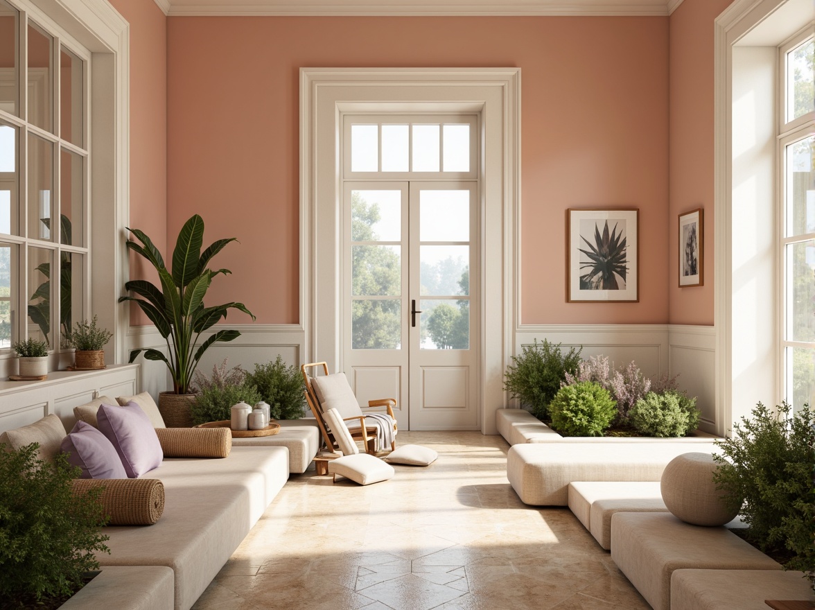 Prompt: Soft peach walls, creamy white trim, pale lavender accents, warm beige floors, natural wood furniture, lush greenery, delicate florals, gentle water features, serene ambient lighting, soft misty atmosphere, shallow depth of field, 1/1 composition, realistic textures, subtle color gradations, calming mood, peaceful ambiance.