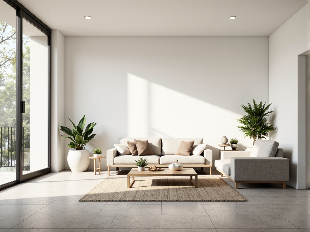 Prompt: Simple white walls, large windows, sliding glass doors, natural stone floors, minimal ornamentation, clean lines, monochromatic color scheme, abundant natural light, indirect sunlight, soft shadows, subtle textures, Nordic-inspired furniture, low-profile sofas, sleek coffee tables, potted greenery, airy atmosphere, calm ambiance, shallow depth of field, 1/1 composition, realistic rendering, ambient occlusion.