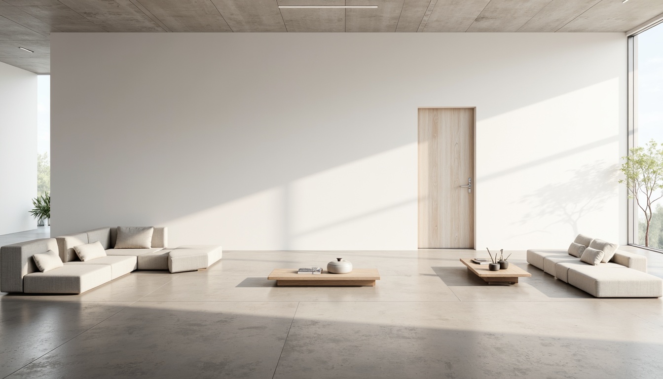 Prompt: Minimalist interior, empty space, natural light, white walls, polished concrete floors, sleek lines, geometric shapes, sparse furniture, low-profile seating, subtle textures, ambient shadows, soft warm lighting, shallow depth of field, 1/1 composition, panoramic view, realistic reflections, atmospheric perspective.