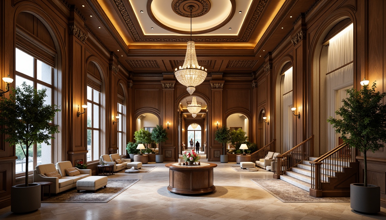 Prompt: Luxurious hotel lobby, rich wood tones, ornate furnishings, velvet drapes, golden accents, crystal chandeliers, marble floors, soft warm lighting, elegant archways, grand staircases, neoclassical columns, subtle patterned rugs, muted earthy colors, creamy whites, deep blues, emerald greens, warm beige, sophisticated ambiance, refined details, ornamental moldings, lavish textiles, intricate carvings.