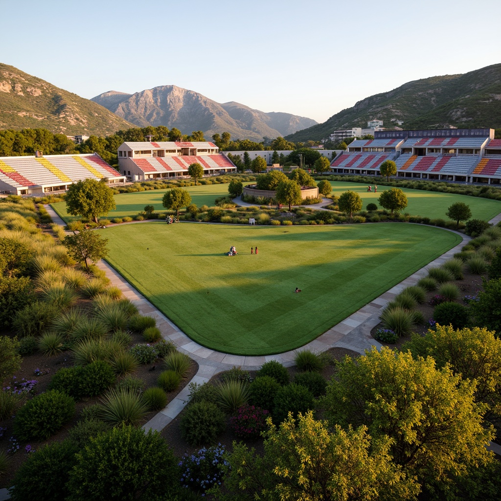 Prompt: Savanna landscape, lush green grass, scattered acacia trees, rolling hills, natural stone terracing, rustic wooden fences, soccer stadium architecture, curved grandstands, vibrant team colors, floodlighting, evening atmosphere, warm golden lighting, shallow depth of field, 3/4 composition, panoramic view, realistic textures, ambient occlusion, tropical plants, exotic flowers, meandering pathways, organic shapes, earthy tones, natural materials, eco-friendly design.