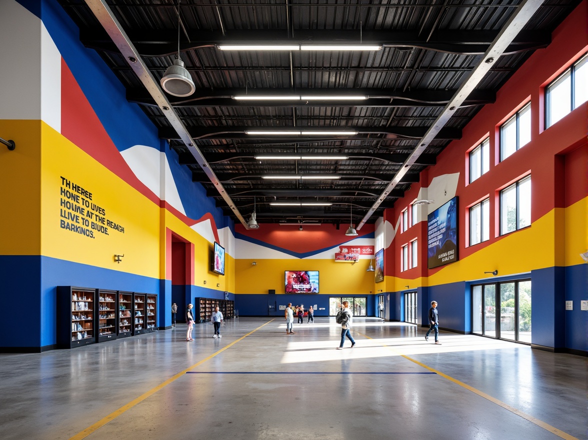 Prompt: Vibrant gymnasium interior, modernist architecture, bold color scheme, bright blue accents, energetic yellow tones, deep red hues, sleek metal beams, polished concrete floors, minimalist decor, industrial chic lighting, geometric patterns, abstract artwork, motivational quotes, athletic equipment displays, trophy cases, dynamic shadows, high-contrast lighting, 1/2 composition, realistic textures, ambient occlusion.