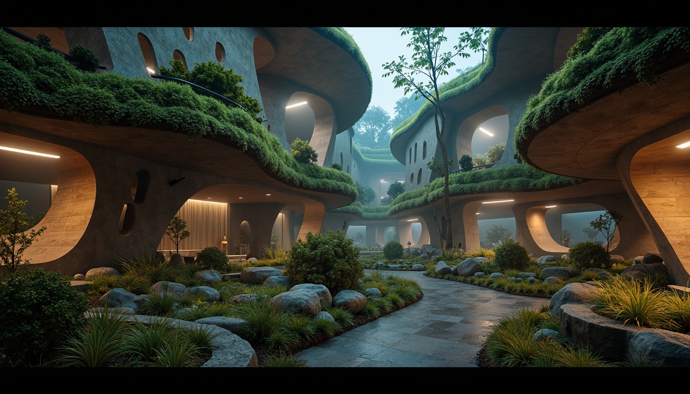 Prompt: Curved blob-like structures, irregular shapes, amoeba-inspired forms, soft rounded edges, fluidic architecture, natural materials, earthy tones, moss-covered walls, wooden accents, organic textures, wavy lines, abstract patterns, futuristic ambiance, neon-lit nighttime scene, misty atmosphere, shallow depth of field, 1/1 composition, cinematic lighting, realistic renderings, ambient occlusion.