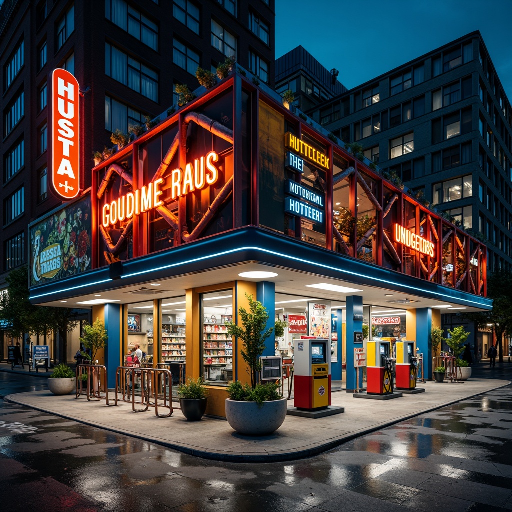 Prompt: Vibrant gas station, eclectic facade design, bold color scheme, irregular shapes, mixed materials, industrial pipes, neon signs, retro-futuristic elements, distressed textures, urban landscape, busy streets, city lights, dramatic night lighting, high-contrast shadows, dynamic composition, 1/2 format, cinematic atmosphere, realistic reflections.