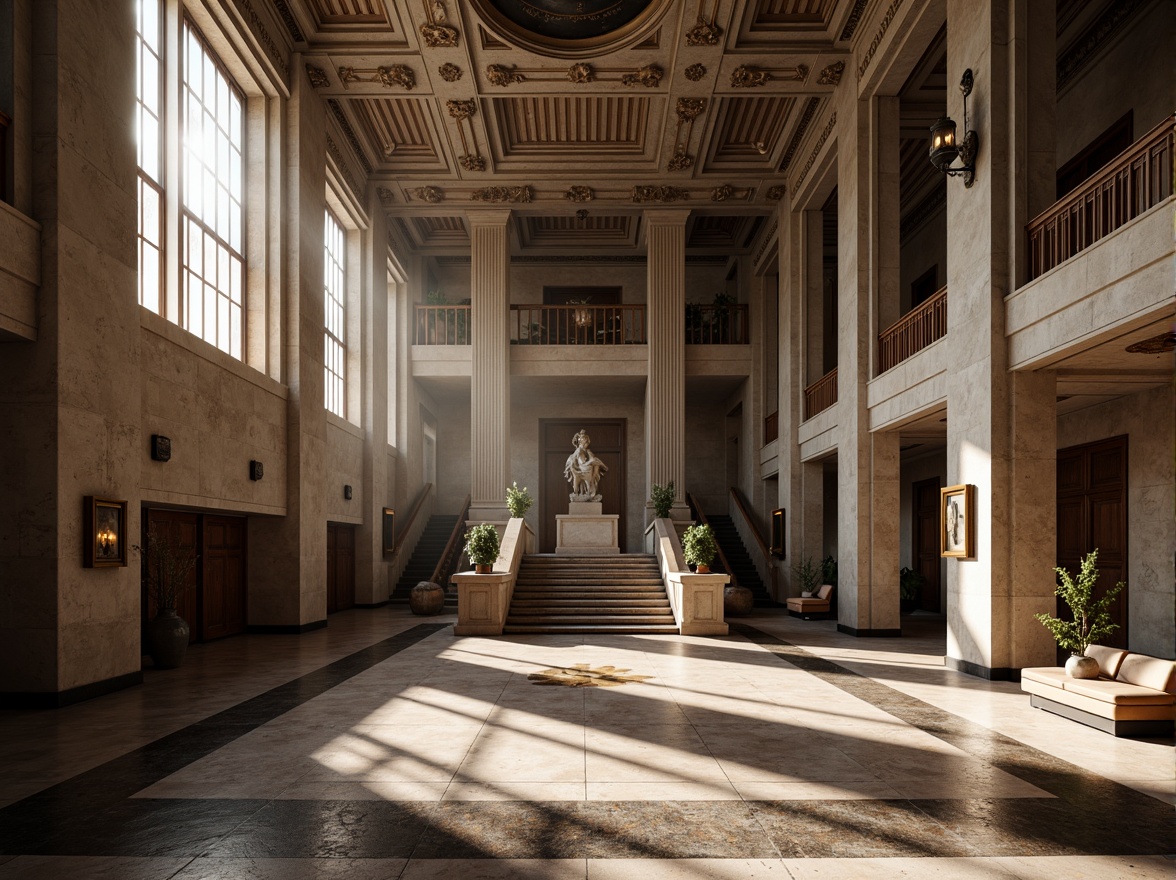 Prompt: Grand courthouse building, neoclassical facade, ornate columns, symmetrical architecture, rusticated stone walls, grand staircase, high ceilings, marble floors, wooden paneling, intricate moldings, classical sculptures, solemn atmosphere, natural light pouring in, dramatic shadows, 1/1 composition, low-angle shot, realistic textures, ambient occlusion.