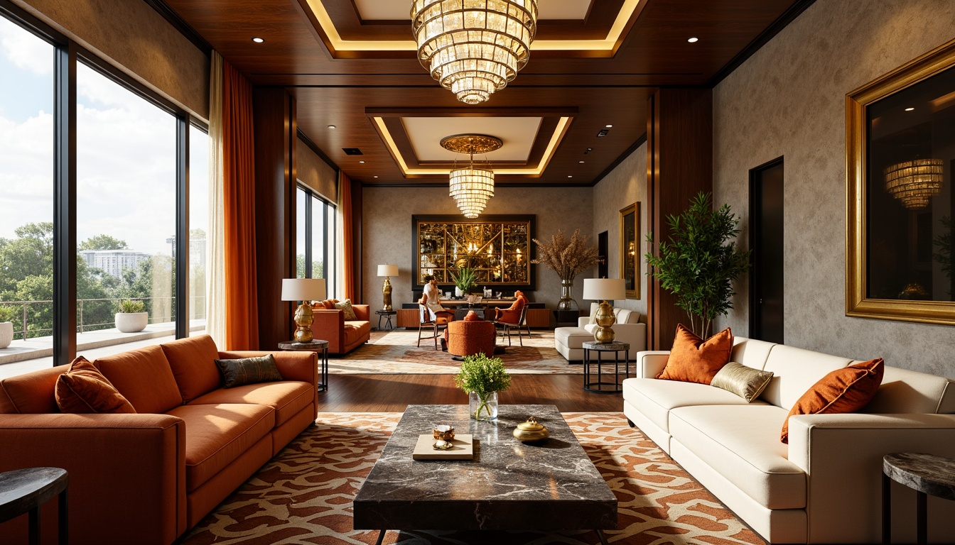 Prompt: Luxurious modern living room, Art Deco inspired furniture, metallic accents, geometric patterns, ornate mirrors, velvet sofas, marble coffee tables, crystal chandeliers, bold color schemes, opulent textiles, lavish drapery, sunlit windows, high ceilings, sleek lines, minimalist decor, sophisticated ambiance, warm golden lighting, shallow depth of field, 1/1 composition, realistic reflections, ambient occlusion.