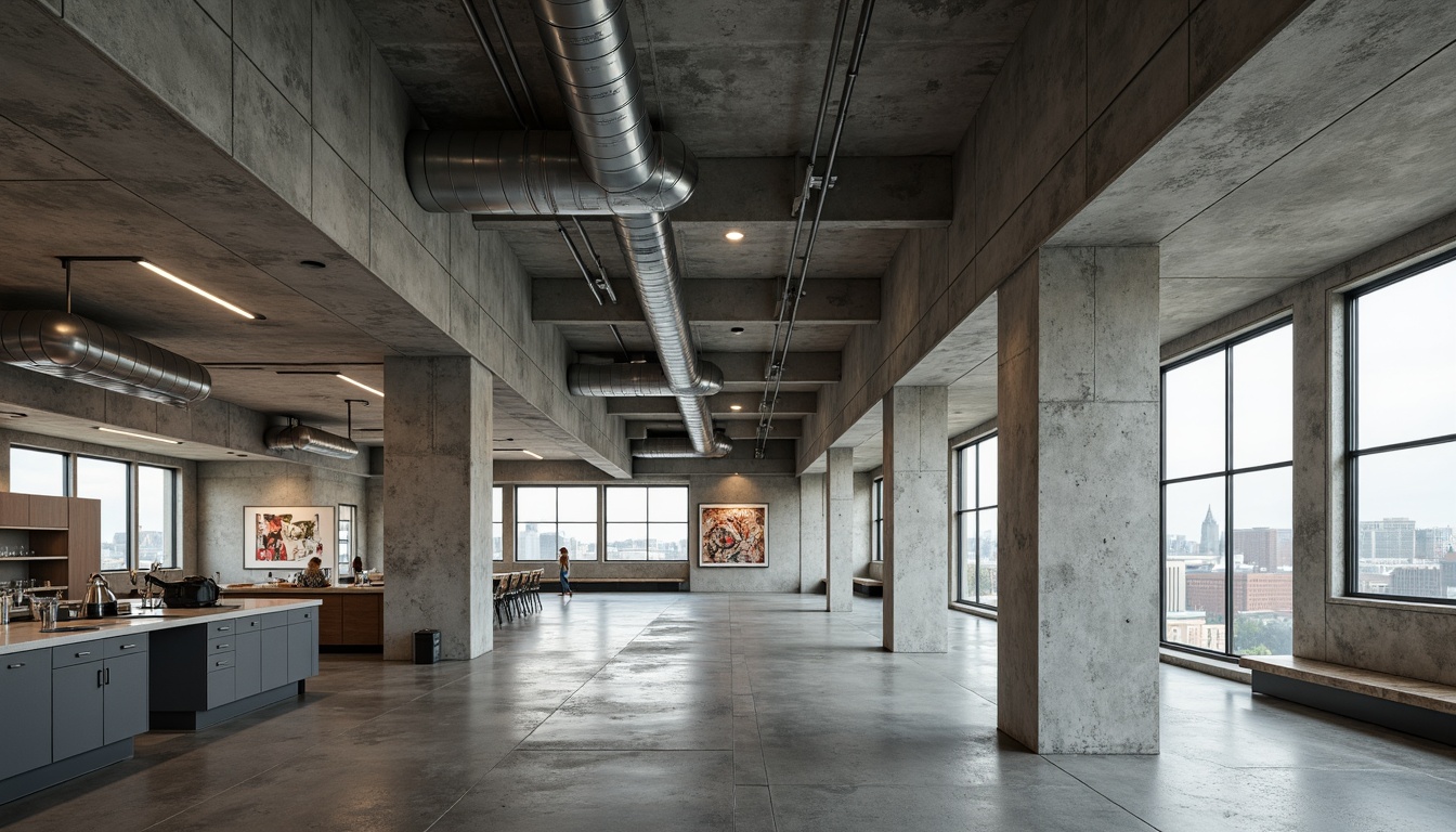 Prompt: Raw concrete walls, exposed ductwork, industrial pipes, metallic beams, brutalist architecture, laboratory equipment, scientific instruments, minimalist decor, functional design, neutral color palette, cold harsh lighting, high ceilings, open spaces, urban landscape, cityscape views, abstract art installations, geometric patterns, distressed textures, rough finishes, industrial chic aesthetic, 1/1 composition, dramatic shadows, high contrast ratio.