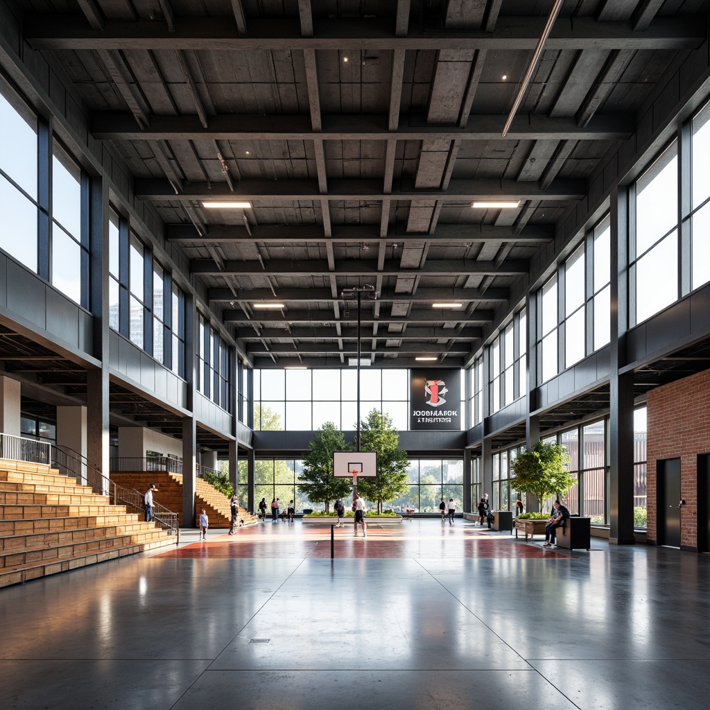 Prompt: Modern gymnasium interior, exposed structural frame, sleek steel beams, minimalist columns, polished concrete floors, industrial-style lighting, large windows, natural ventilation, open spaces, athletic equipment, basketball hoops, volleyball nets, exercise machines, wooden bleachers, dynamic color scheme, bold typography, geometric patterns, urban atmosphere, high ceilings, abundant natural light, shallow depth of field, 1/1 composition, realistic textures, ambient occlusion.